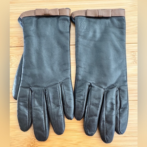 LAUREN Ralph Lauren Brown Leather Women's Gloves Logo Size S Vintage RARE - Picture 2 of 5